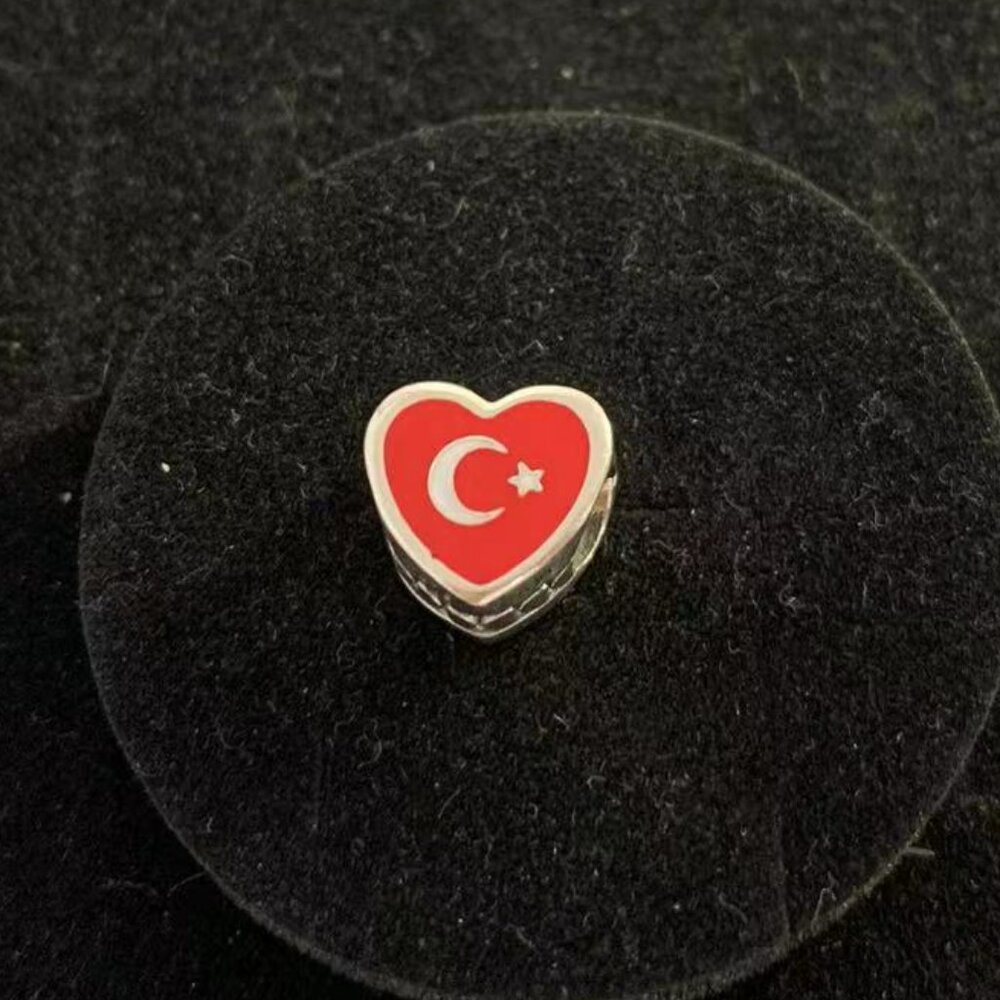 Pandora TÜRKİYE Flag Heart Charm S925 Sterling Silver Jewelry for Bracelet